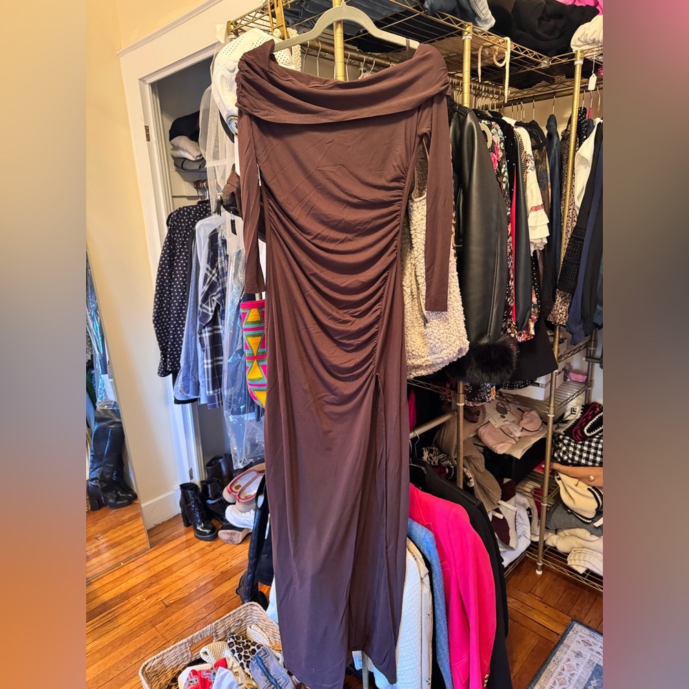 BUMPSUIT | Off The Shoulder Evening Dress in Chocolate - Picture 4 of 7